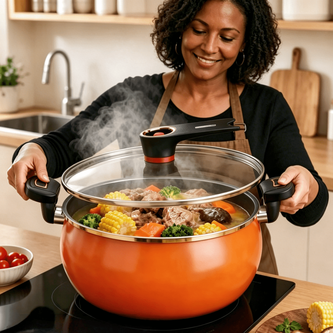 8.45QT Large Capacity Non-Stick Braiser Soup Pot with Twist-Lock Handle – Fast Even Heating, Gas Induction & Fire Pit Compatible for Home Restaurant & Camping