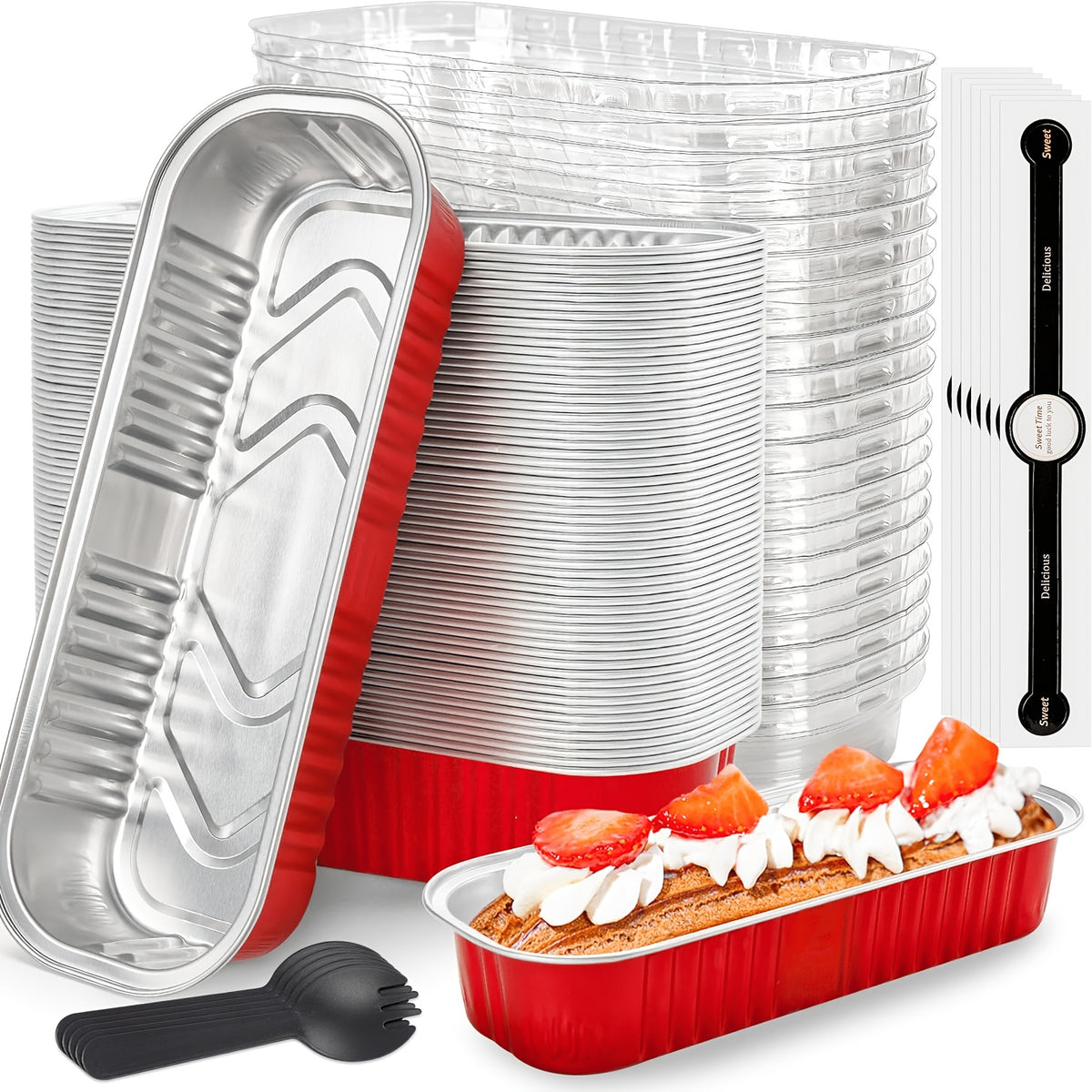 100 Pack Mini Aluminum Foil Cake Pans with Lids and Spoons - 6.8oz Rectangular Baking Pans for Mini Cheesecakes Desserts and Holiday Baking - Disposable Bakeware Set