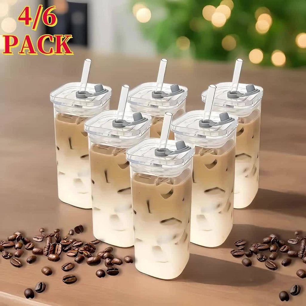 Square Glass Cups with Lids and Straws Set of 6 | Portable Iced Coffee Cups for Office Party Home School Outdoor