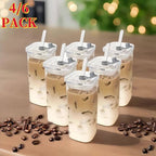 Square Glass Cups with Lids and Straws Set of 6 | Portable Iced Coffee Cups for Office Party Home School Outdoor