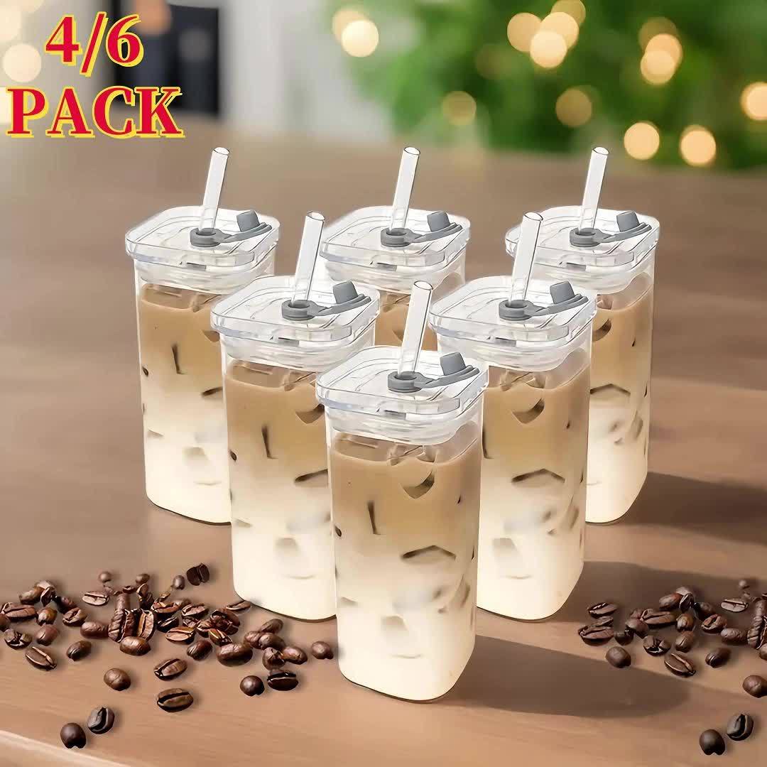 Square Glass Cups with Lids and Straws Set of 6 | Portable Iced Coffee Cups for Office Party Home School Outdoor