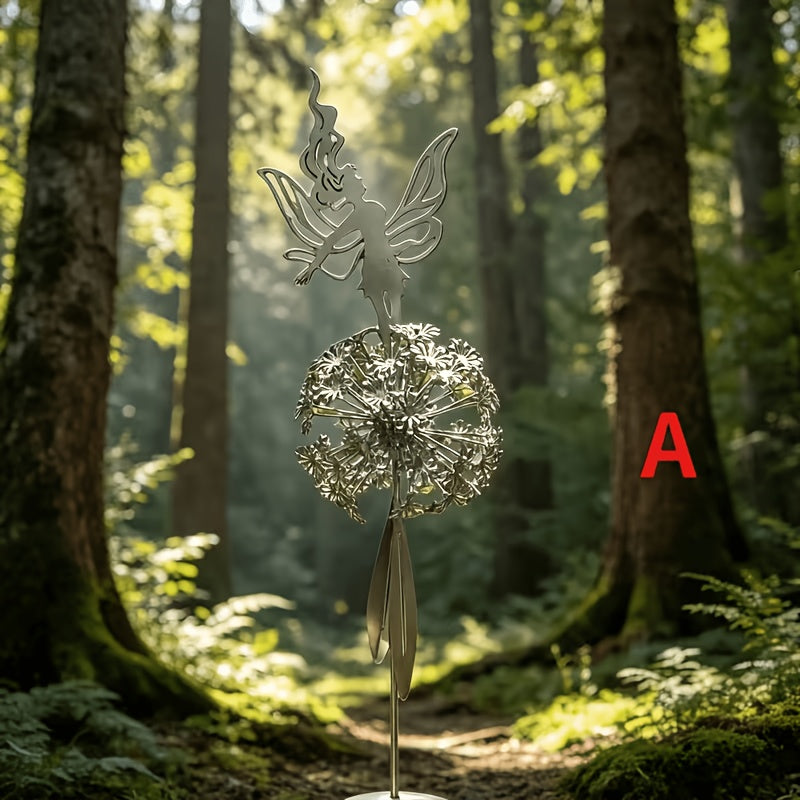 Stainless Steel Dancing Flower Fairy & Dandelion Garden Sculpture, Weather-Resistant Metal Outdoor Art Decor for Patio, Courtyard & Lawn, No Electricity Needed, Valentine's Day & Holiday Gift