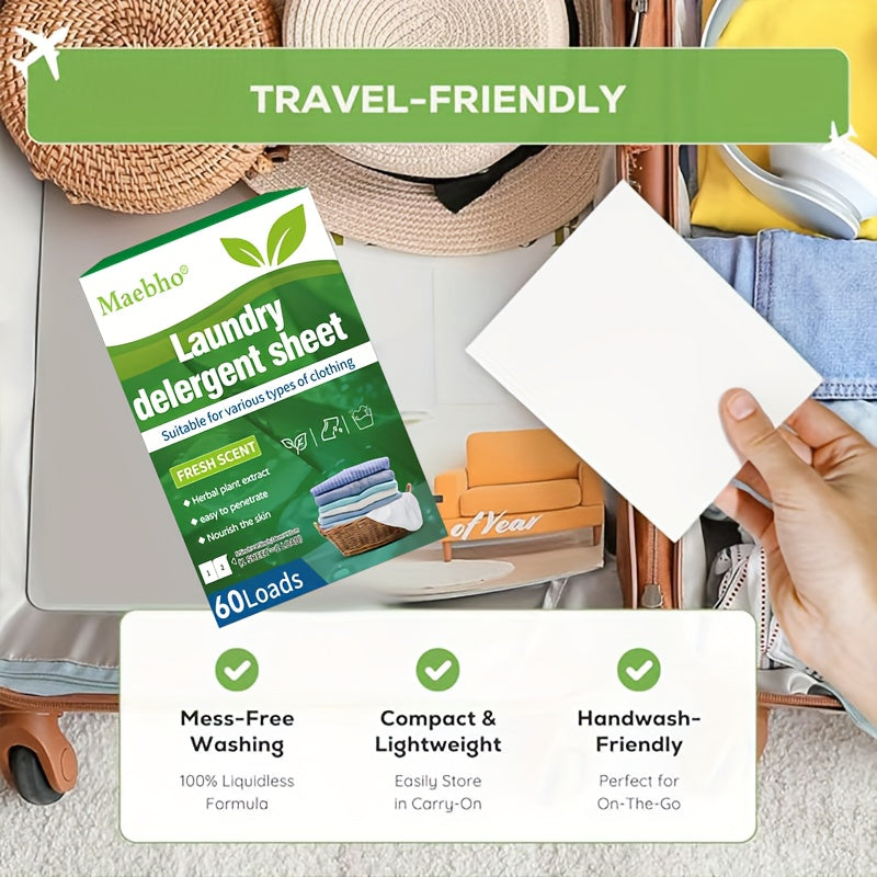 Hypoallergenic Laundry Detergent Sheets 60 Loads Fresh Scent – Liquidless Stain & Odor Remover Sheets, Travel-Size, Works in Hot & Cold Cycles, Eco-Friendly No Plastic Jug
