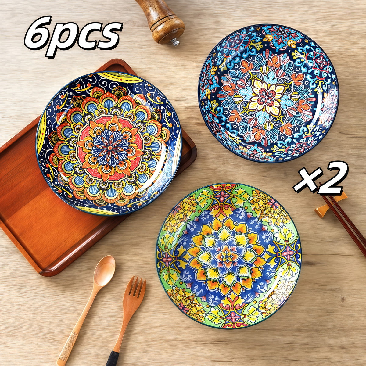 Bohemian Ceramic Dinner Plates Set of 6 – Large Salad & Entree Plates for Pasta, Baking & Serving – Boho Home & Restaurant Dinnerware, Gift-Ready