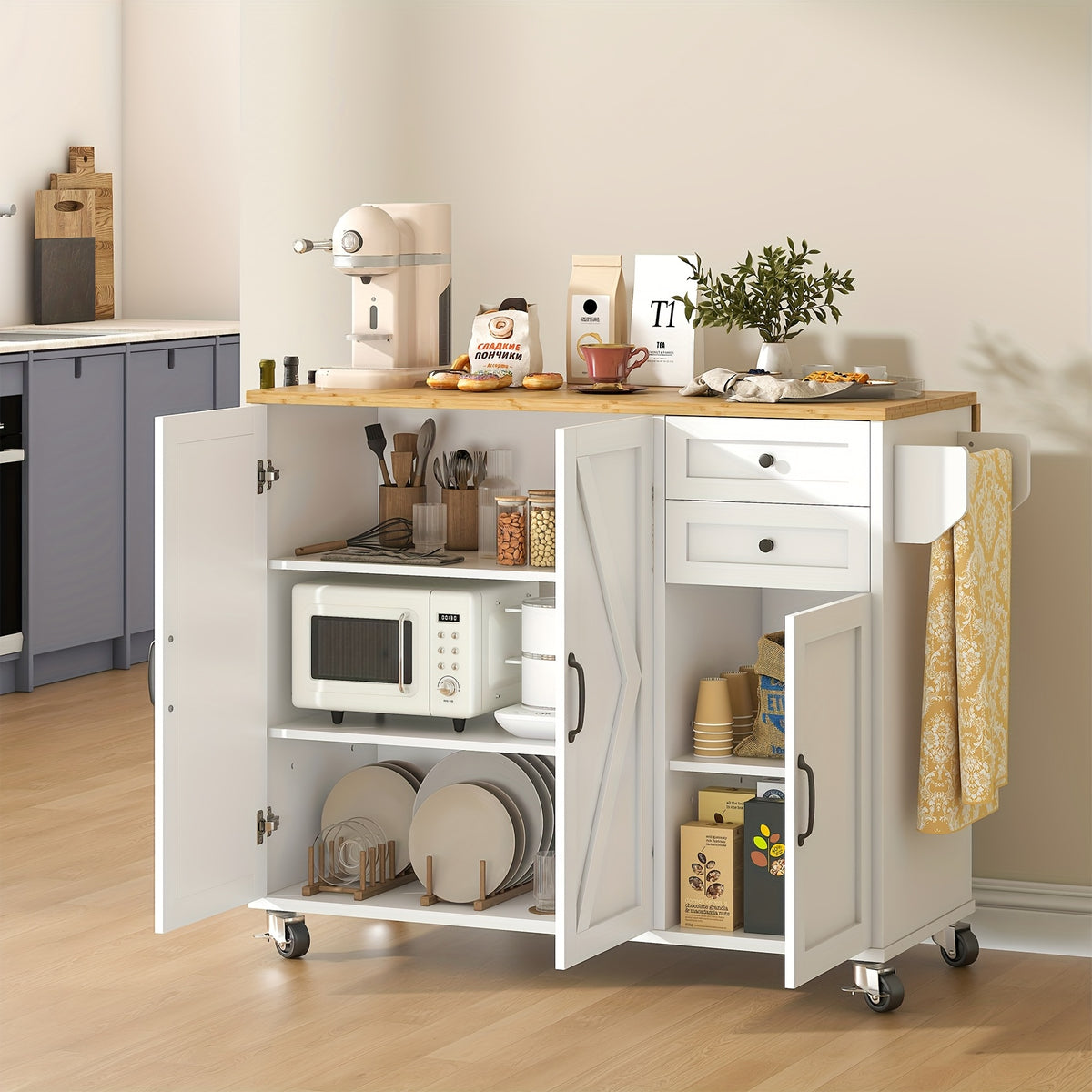 Kitchen Island Cart with Drop Leaf & Rolling Wheels – Storage Cabinet, Spice Rack, Drawer & Towel Rack for Small Kitchens Dining Room