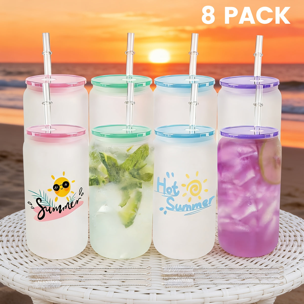 Frosted Glass Tumblers Set 16oz - Borosilicate Can Glasses with Acrylic Lids for Iced Coffee, Juice & Soda, Sublimation Ready, 8 or 12 Pack Perfect Christmas Holiday Gift