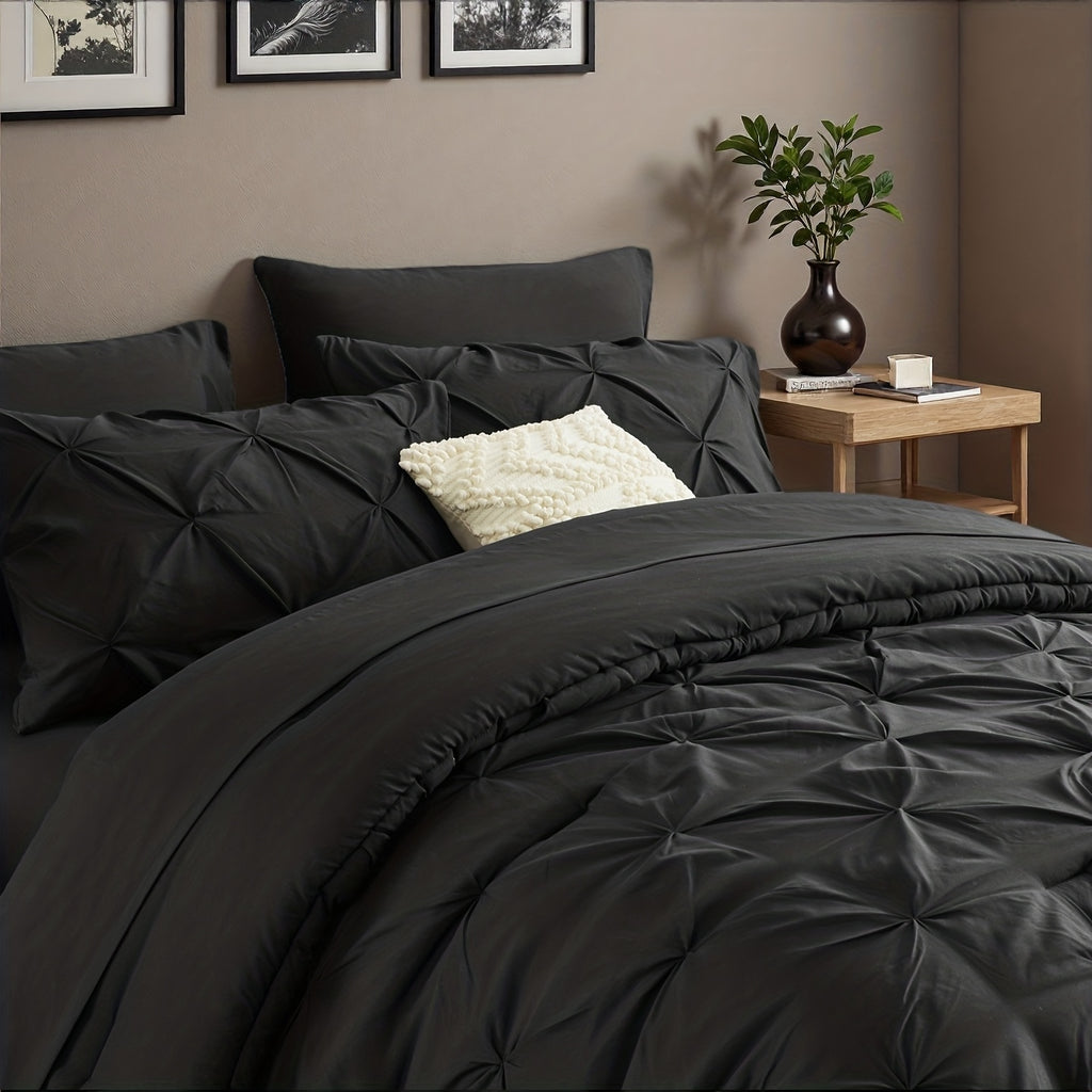 Luxury Pleated Comforter Set 5/7 Pcs – Soft Plush Fiber Fill, Quilted Comforter, Fitted Sheet, Flat Sheet, Pillowcases & Shams, Twin Full Queen King Year-Round Bedding