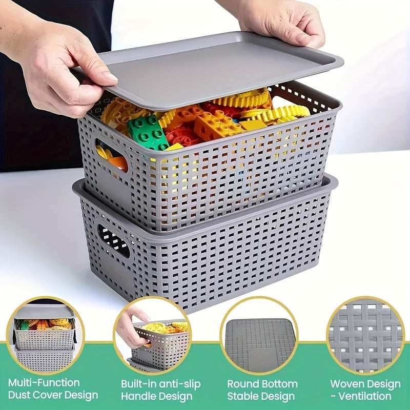 Plastic Storage Basket Set of 8 with Lids - Desktop & Shelf Organization Bins for Documents, Office, Home & Bedroom Storage, Multi-Functional Stackable Baskets - Grey, Black & White