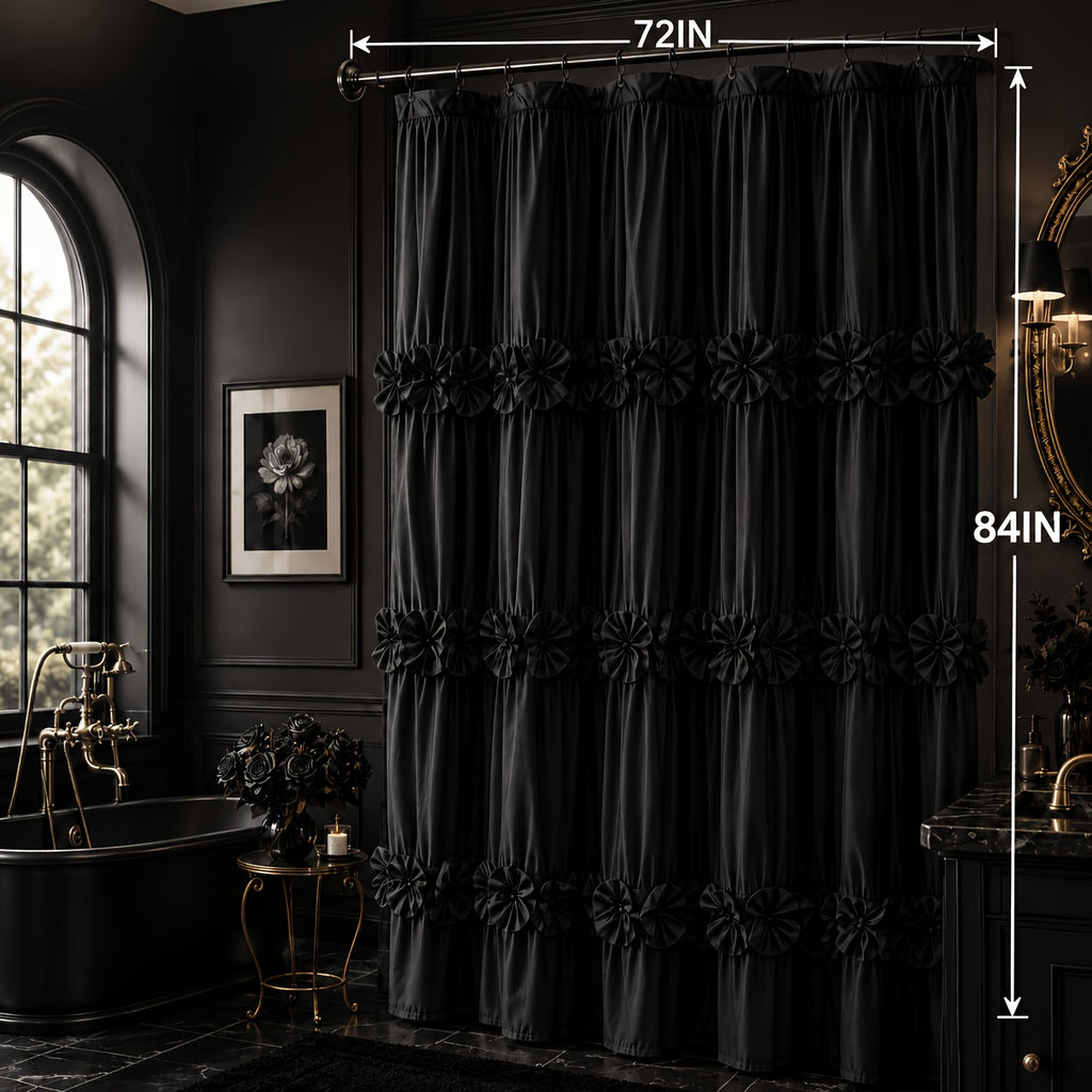 Bow Tie Ruffle Shower Curtain Vintage Handcrafted - Waterfall Ruched Fabric Bath Curtain with Hooks, Quick Dry Machine Washable, Farmhouse Romantic Decor, Multiple Sizes & Colors