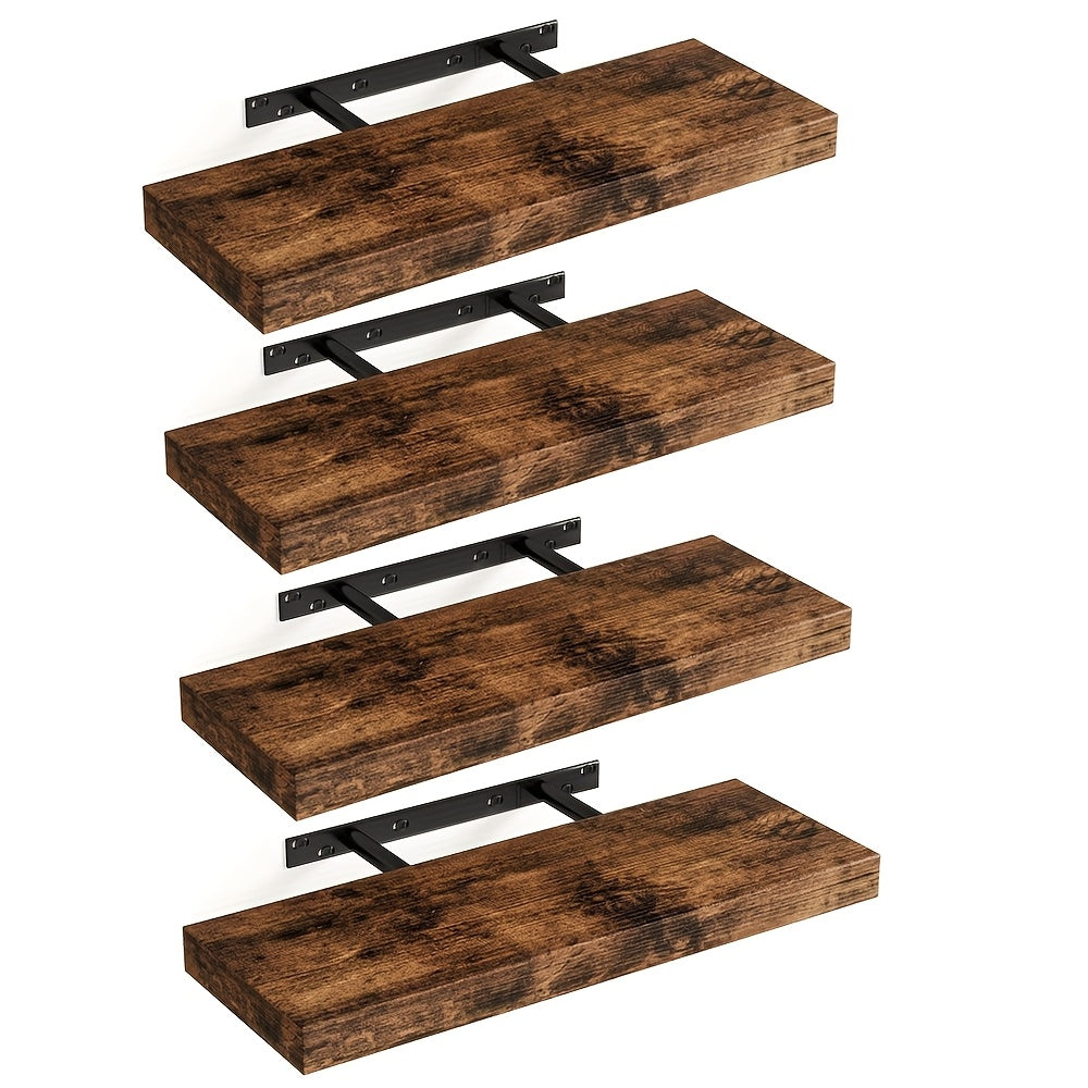 Rustic Wooden Wall Mounted Storage Shelves Set of 4 Floating Wall Shelf for Bedroom Living Room Bathroom Closet Decor Black Brown White Gray