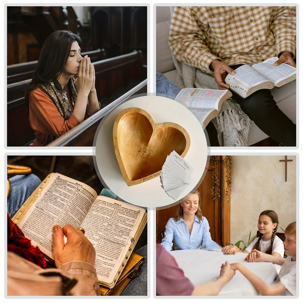 Wooden Heart Prayer Bowl & 30 Prayer Card Set Handcrafted Retro Decorative Bowl with Carved Cross – Christian Home Decor Easter Religious Gift for Prayer Room, Kitchen & Living Space