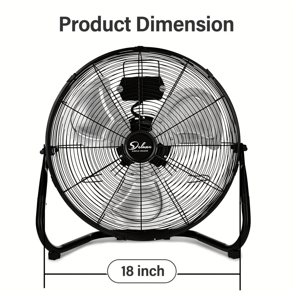 18" Industrial High Velocity Floor Fan – 3 Speed Heavy Duty Metal Fan for Warehouse, Workshop, Factory & Basement | 110V-240V | Black