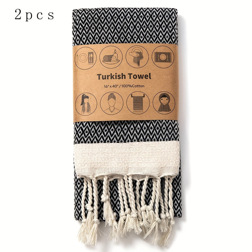 Turkish Cotton Tassel Hand Towels 2-Pack – Diamond Lattice Scandinavian Design, Soft Decorative Towels for Bathroom, Kitchen & Yoga | 7 Colors