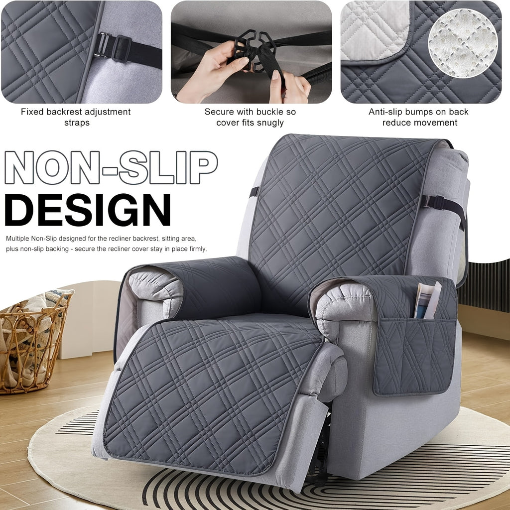 Quilted Recliner Cover with Side Pocket Anti-Slip Elastic Band Pet Furniture Protector – Easy to Install Sofa Recliner Slipcover for Living Room, All-Season Home Decor