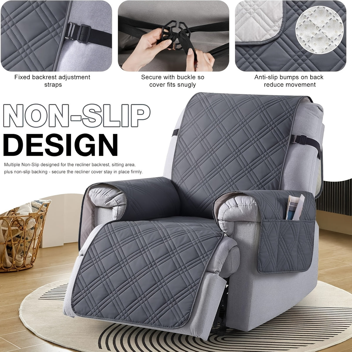 Quilted Recliner Cover with Side Pocket Anti-Slip Elastic Band Pet Furniture Protector – Easy to Install Sofa Recliner Slipcover for Living Room, All-Season Home Decor