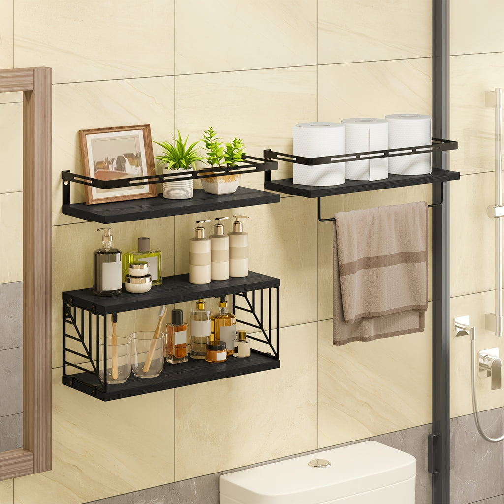 Vintage Wooden Floating Shelves Set of 3 with Guardrail – Wall Mounted Display & Storage Rack for Bedroom, Living Room, Bathroom & Kitchen – Rustic Wood Wall Shelf Multi-Functional Decor