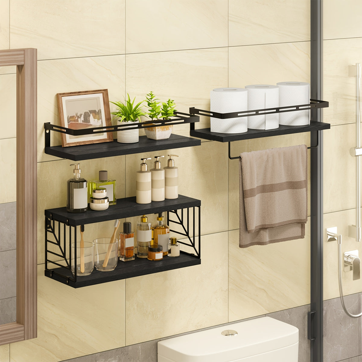 Vintage Wooden Floating Shelves Set of 3 with Guardrail – Wall Mounted Display & Storage Rack for Bedroom, Living Room, Bathroom & Kitchen – Rustic Wood Wall Shelf Multi-Functional Decor