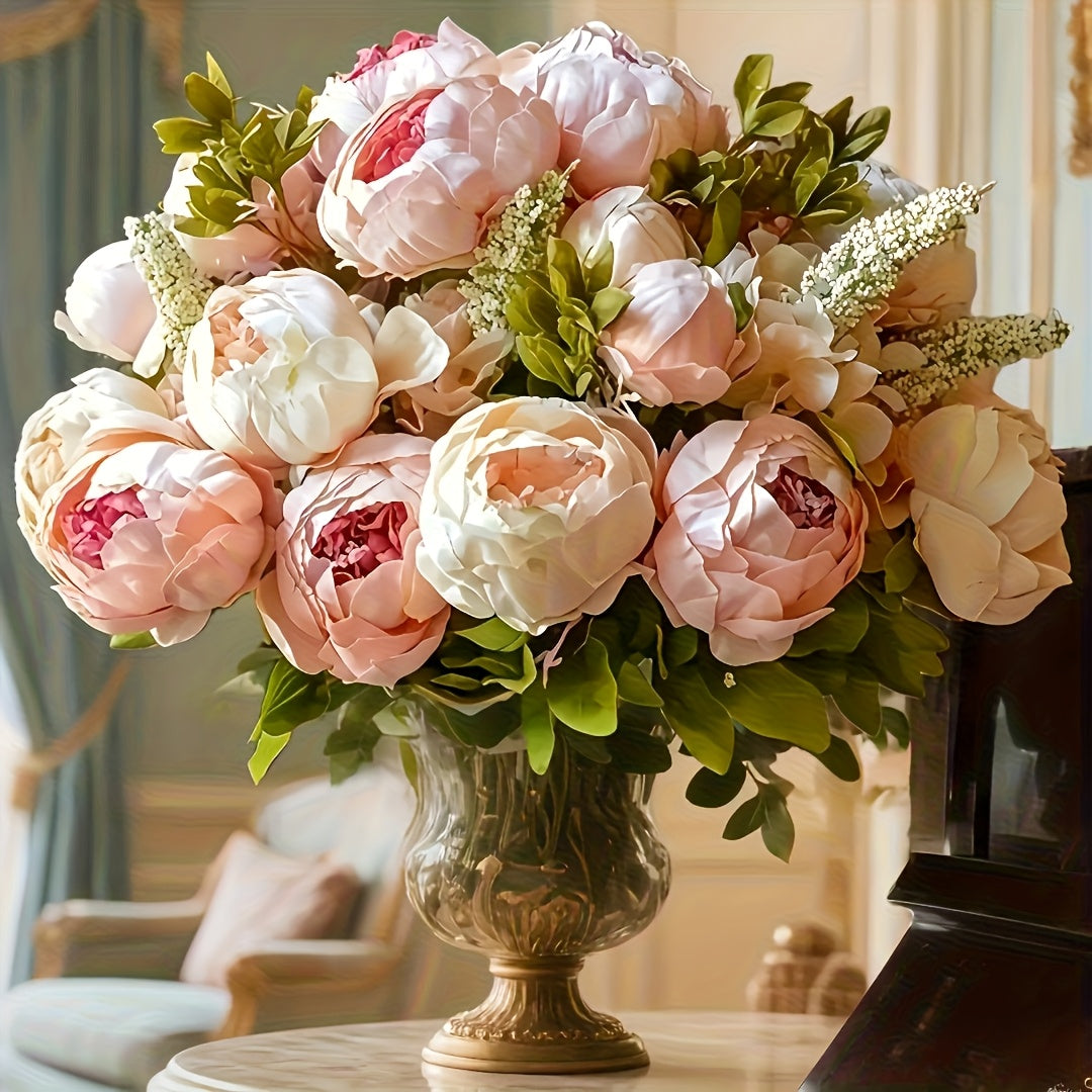 Faux Peonies and Hydrangeas Floral Centerpiece Vintage Rustic Pink Green Mix Artificial Flowers for Bridal Wedding Table Home Living Room Decor