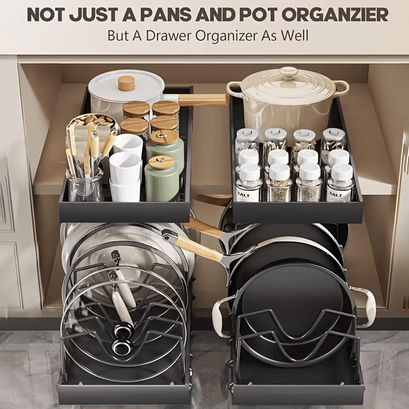 Pull Out Cabinet Organizer Under Cabinet Pot and Pan Rack Sliding Storage with Adjustable Dividers for Pot Lids Bakeware Plates