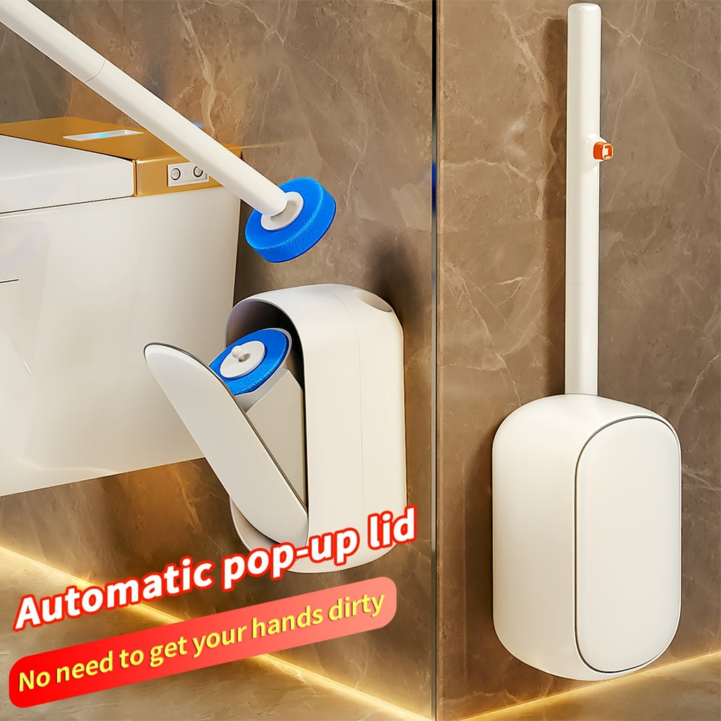 Disposable Toilet Brush Holder Wall Mounted with 6 Refill Heads & Scrubbing Solution – No-Touch Bathroom Cleaning Wand Set, White