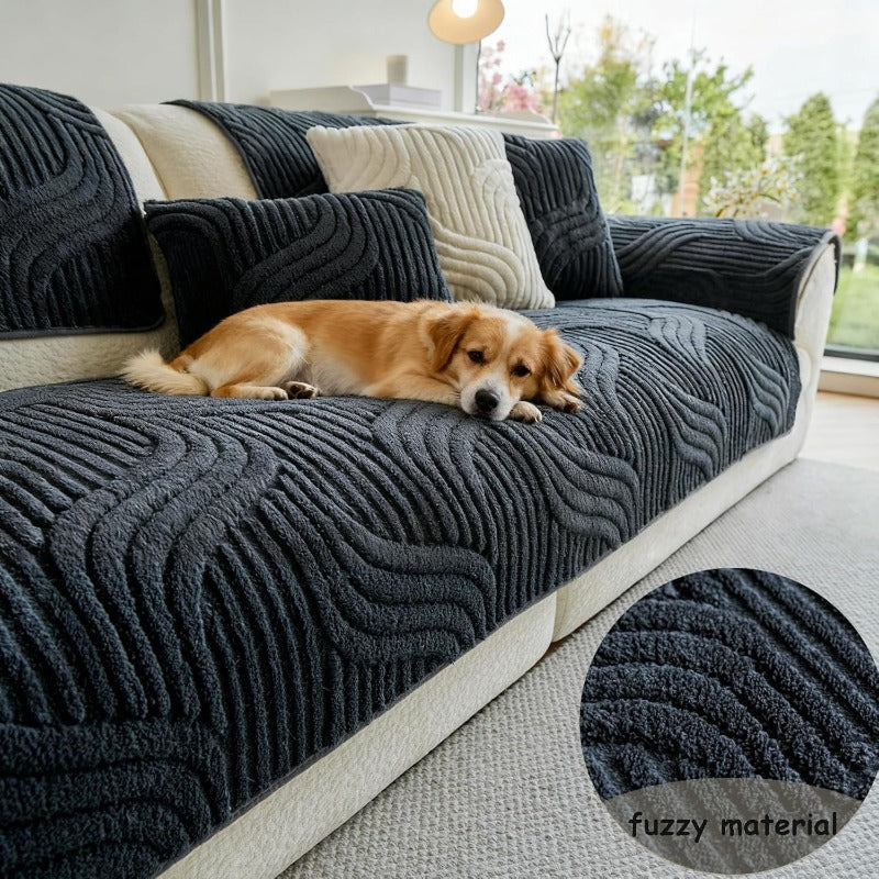 Bohemian Plush Sofa Pad Slipcover – Modern Luxury Faux Fur Non-Slip Couch Cover, All Season Machine Washable Pet Friendly Soft Seat Cushion Protector for Living Room Bedroom Office Home Decor