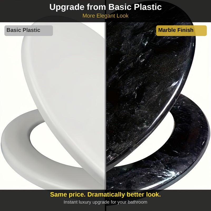 Soft Close Toilet Seat Round Black Marble | Designer Art Toilet Seat with Quick-Release Hinges, Easy Clean, Stylish Bathroom Upgrade