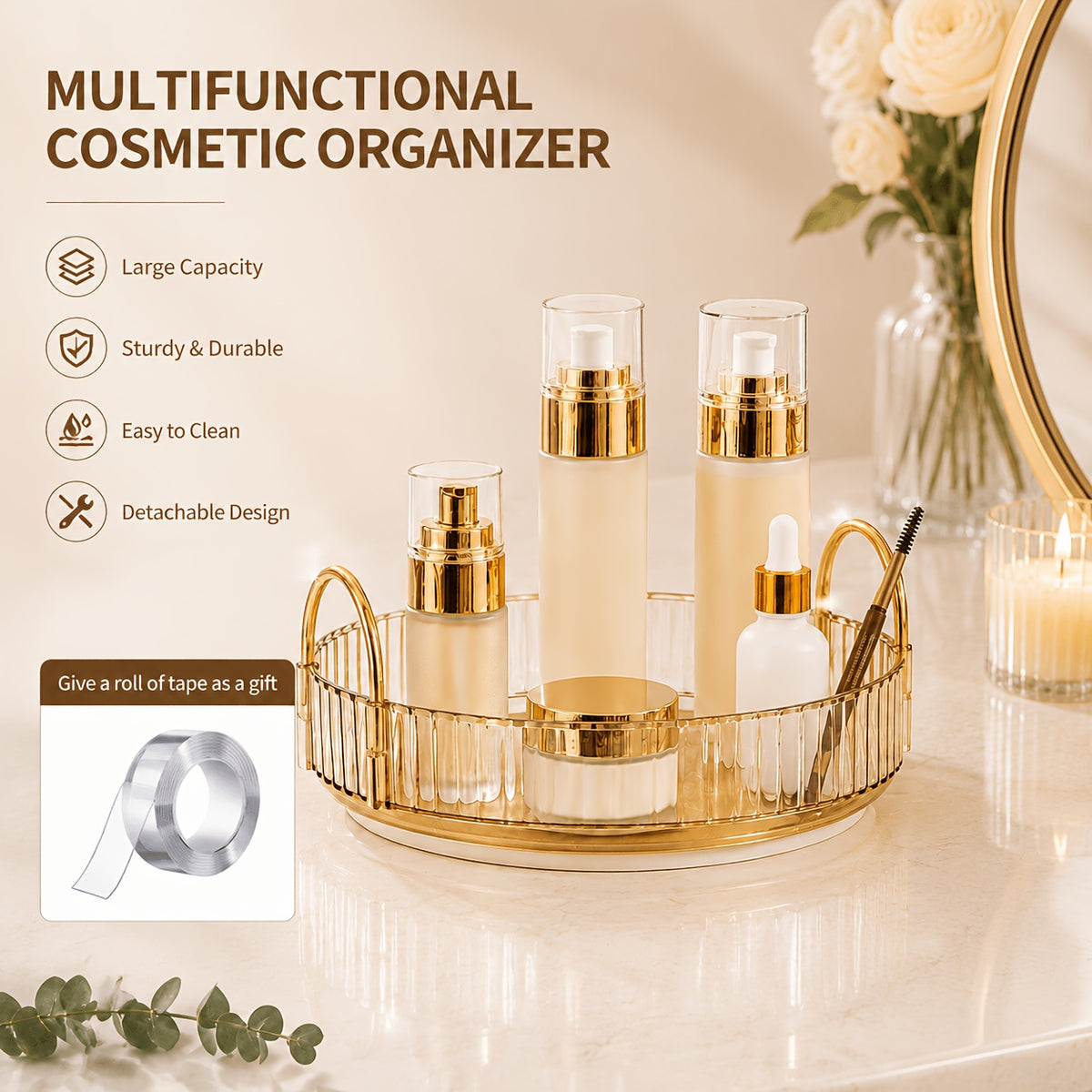 360° Rotating Makeup Organizer with 1, 2 or 3 Tiers, Gold Striped Desktop Cosmetic Storage Rack for Brushes, Lipstick & Skincare – Durable Odorless Vanity Organizer for Bathroom & Bedroom