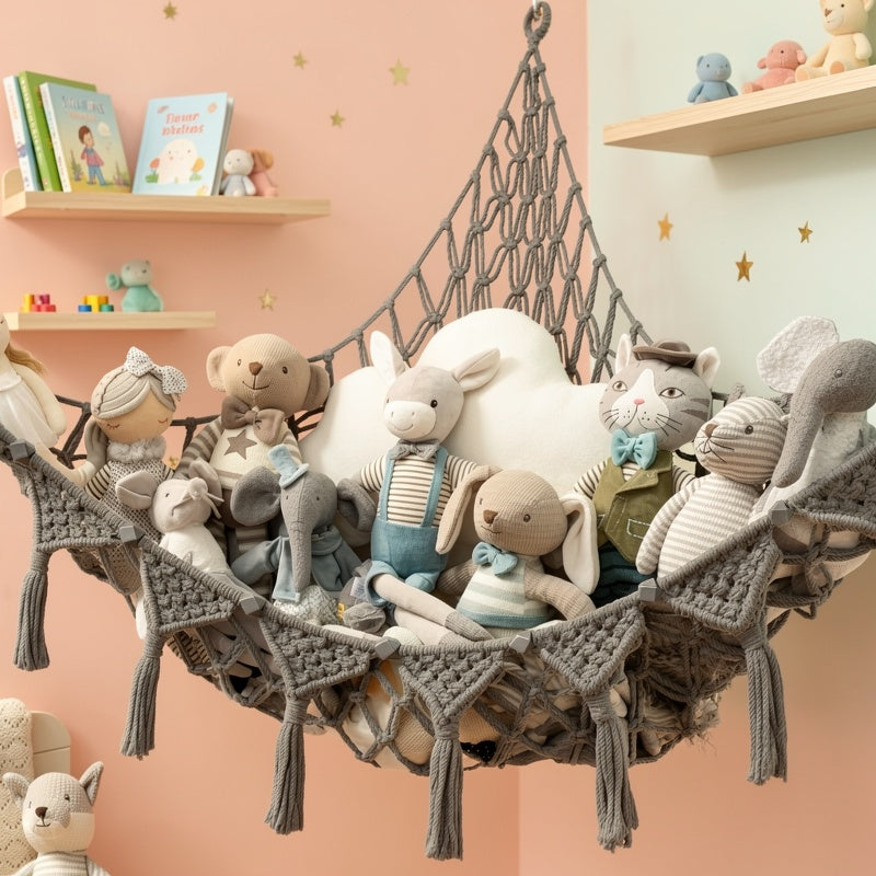 Stuffed Animal Storage Net with LED Lights – Corner Hanging Plushie Organizer for Kids Bedroom & Nursery, Jumbo Doll Net Room Decor, Holiday Gift for Children