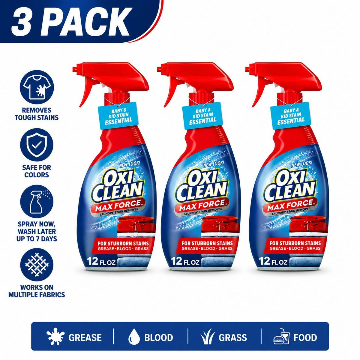 OxiClean Max Force Laundry Stain Remover Spray 12oz – Color-Safe Formula, Spray & Wait Up to 7 Days, Removes Grease, Oil, Blood & Grass | 2, 3 or 4 Pack