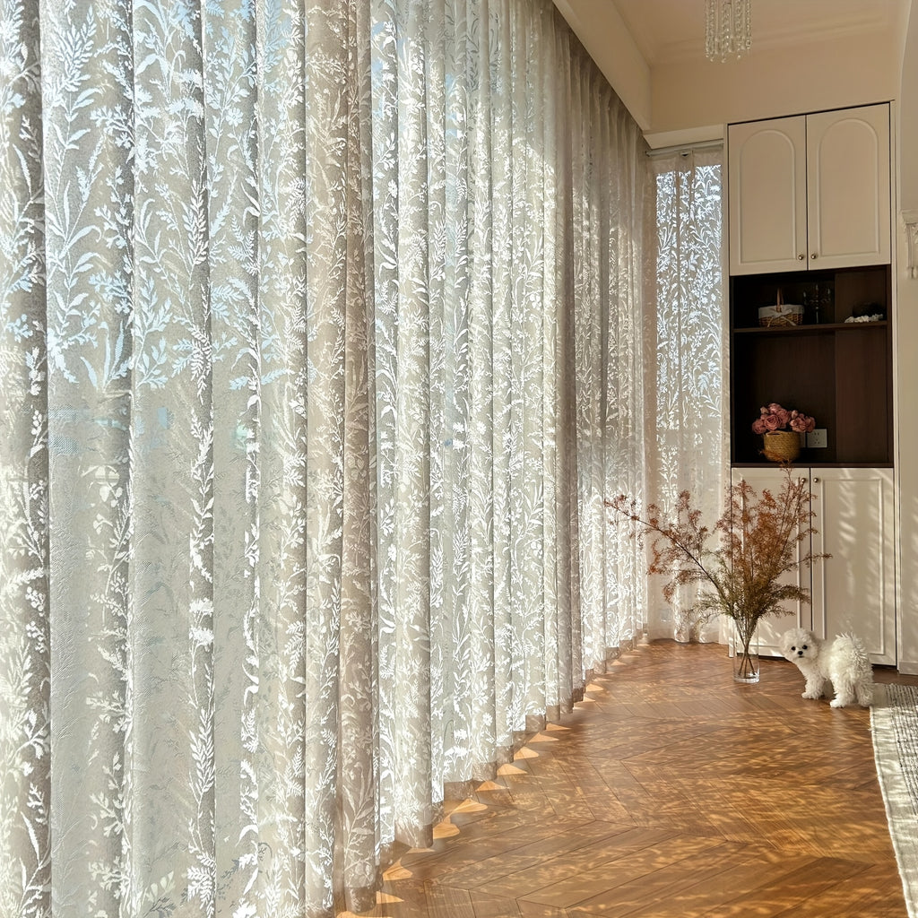 French Tulle Sheer Curtains 2 Panels Cream Hollow Princess Style – Romantic Translucent Rod Pocket Drapes for Living Room Bedroom Balcony Wedding, 5 Sizes