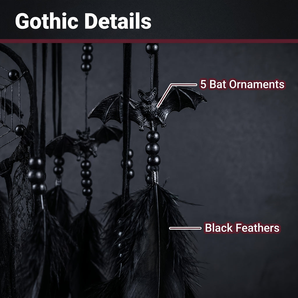 Gothic Bat Dreamcatcher Boho Wall Hanging – Spooky Halloween Decor with Handmade Bat Accents, Black Feathers & Spider Web Fiber for Bedroom, Dorm & Halloween Gift for Kids & Goth Lovers