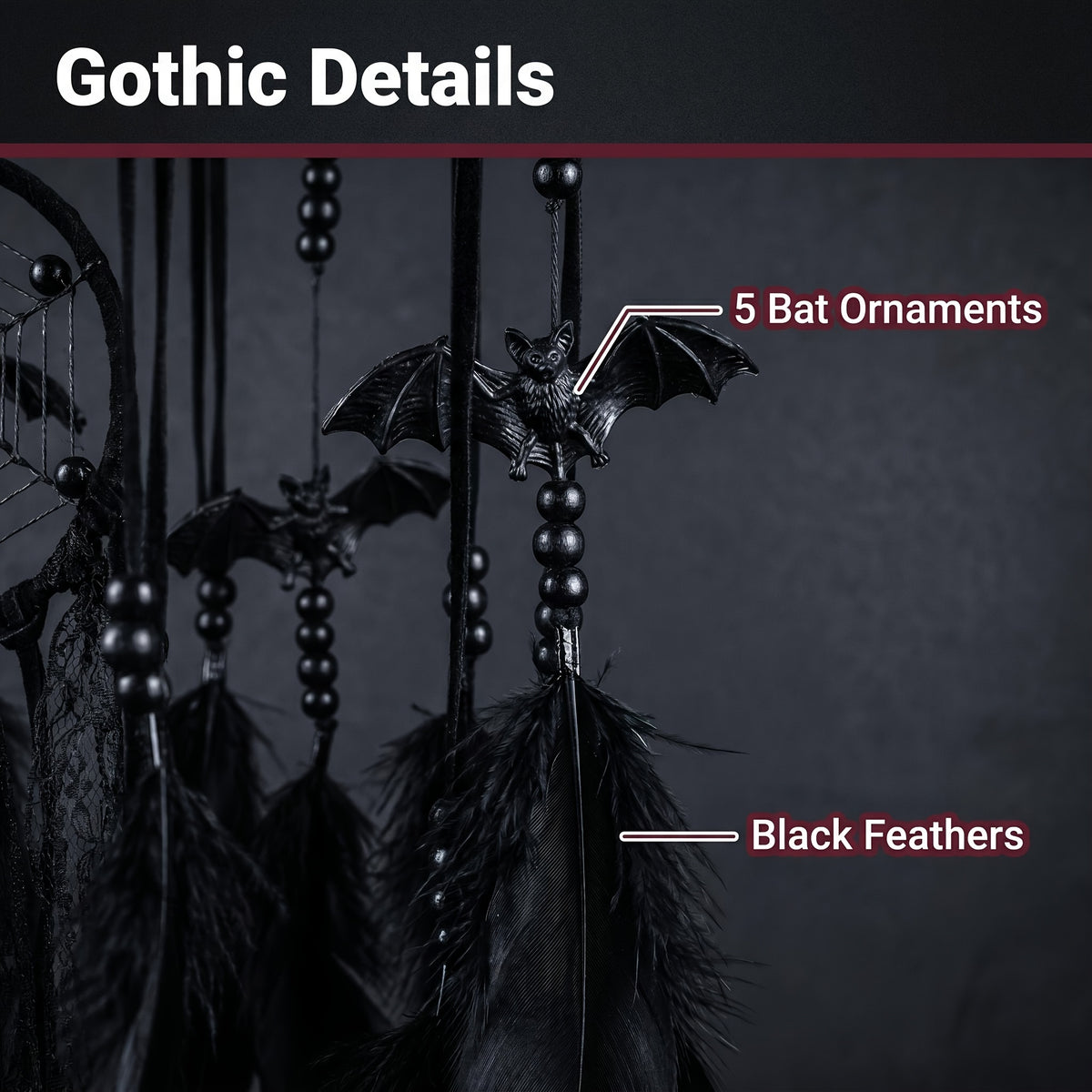 Gothic Bat Dreamcatcher Boho Wall Hanging – Spooky Halloween Decor with Handmade Bat Accents, Black Feathers & Spider Web Fiber for Bedroom, Dorm & Halloween Gift for Kids & Goth Lovers