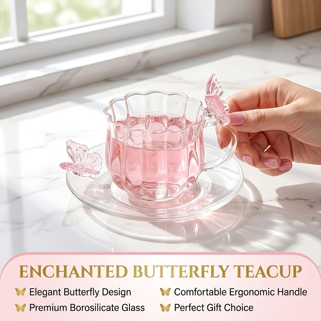 Borosilicate Glass Lotus Tea Cup with Plate 4.73oz – Heat Resistant Transparent Glassware, French Princess Style for Home, Office & Gifting