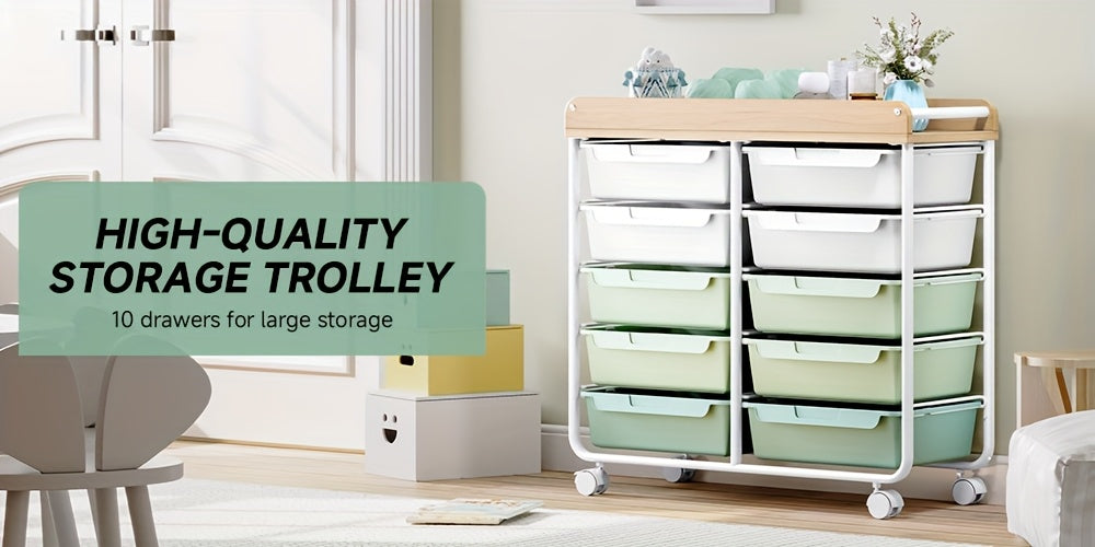 10-Tier Rolling Storage Cart with Drawers and Tabletop Portable Utility Organizer for Home Office Classroom Art Supplies Crafts Cosmetics Green White Rainbow