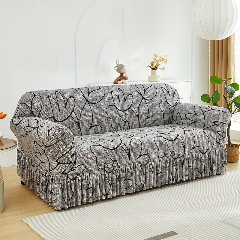 Elastic Sofa Cover with Printed Skirt - Universal Stretch Couch Slipcover Furniture Protector 2 3 4 Seater Living Room Bedroom Office All Seasons