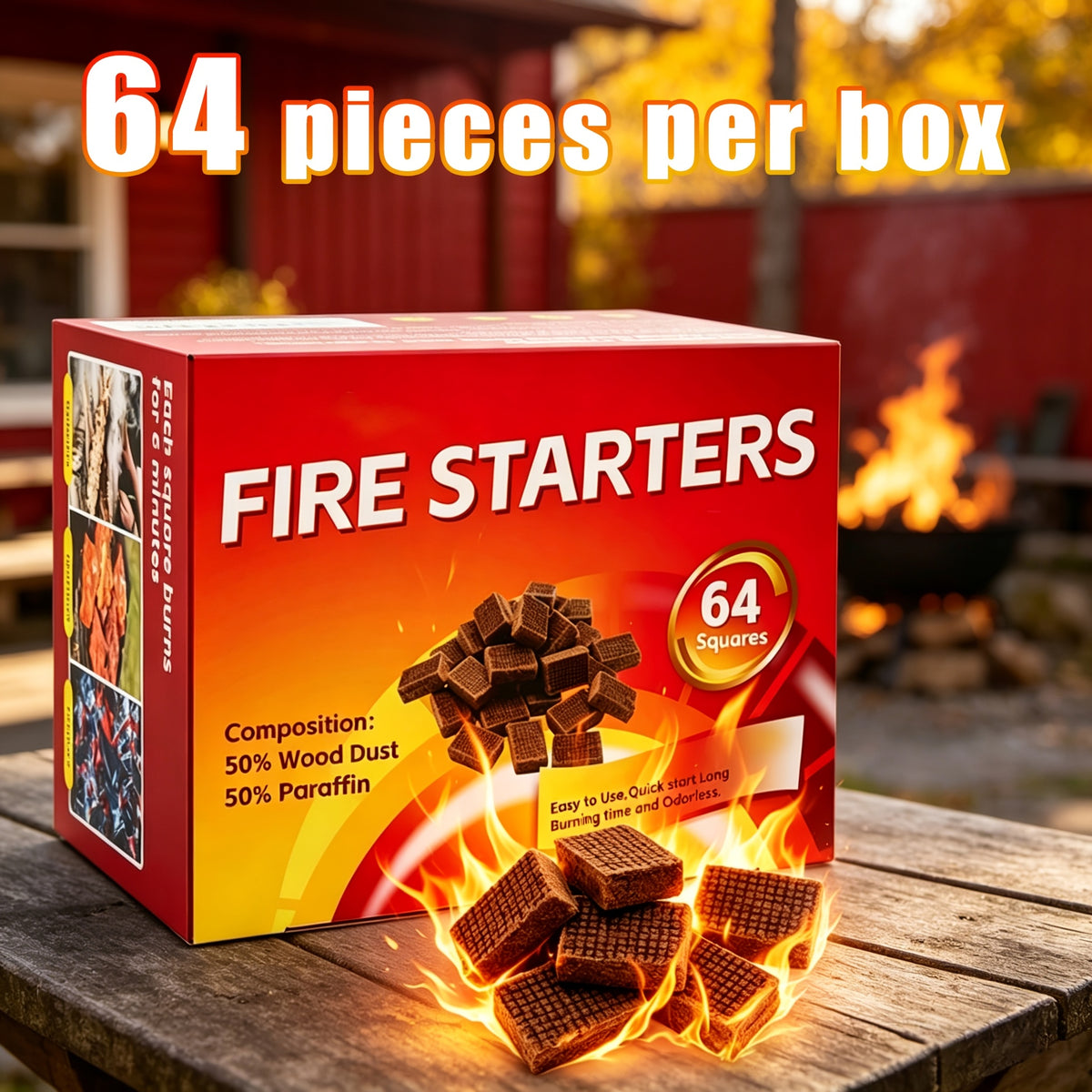 Fire Starter Blocks Odorless Safe Long Lasting for Fireplace Barbecue Camping Wood Stove Easy Light No Electricity Needed Indoor Outdoor 64pcs 192pcs