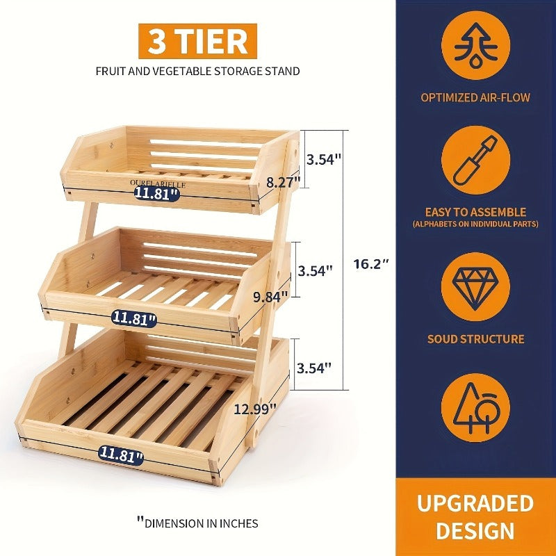 3 Tier Bamboo Fruit Basket Rack Large Capacity Countertop Kitchen Storage for Fruits Vegetables & Bread – Natural Wood Ventilated Design