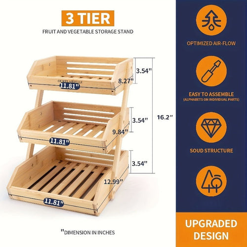 3 Tier Bamboo Fruit Basket Rack Large Capacity Countertop Kitchen Storage for Fruits Vegetables & Bread – Natural Wood Ventilated Design