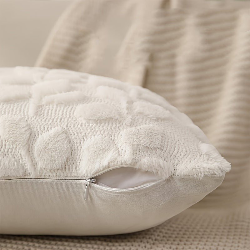Eucalyptus Leaf Faux Plush Jacquard Pillow Covers Set of 2, 18x18 Inch Boho Cottage Quilted Cushion Cover with Zipper, Machine Washable, White & Khaki, Bedroom Sofa Home Decor
