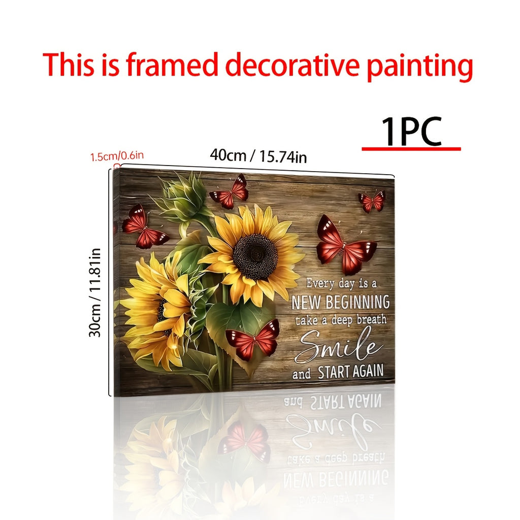 Inspirational Quote Canvas Wall Art Framed Sunflower Red Butterfly – Every Day Is A New Beginning Rustic Farmhouse Wall Decor Ready to Hang, Motivational Living Room Bedroom Gift