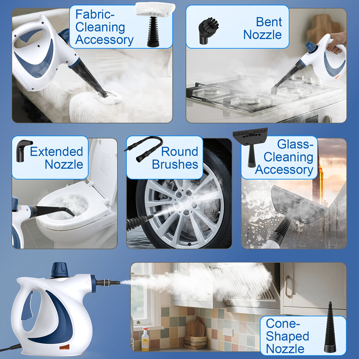 Steam Cleaner 350kPa 9-Piece Kit - Pressurized Handheld, 15s Fast Heat, 11.83oz Tank for Floors, Upholstery, Car Seats, Grout, Kitchen & Bathroom | Continuous Steam