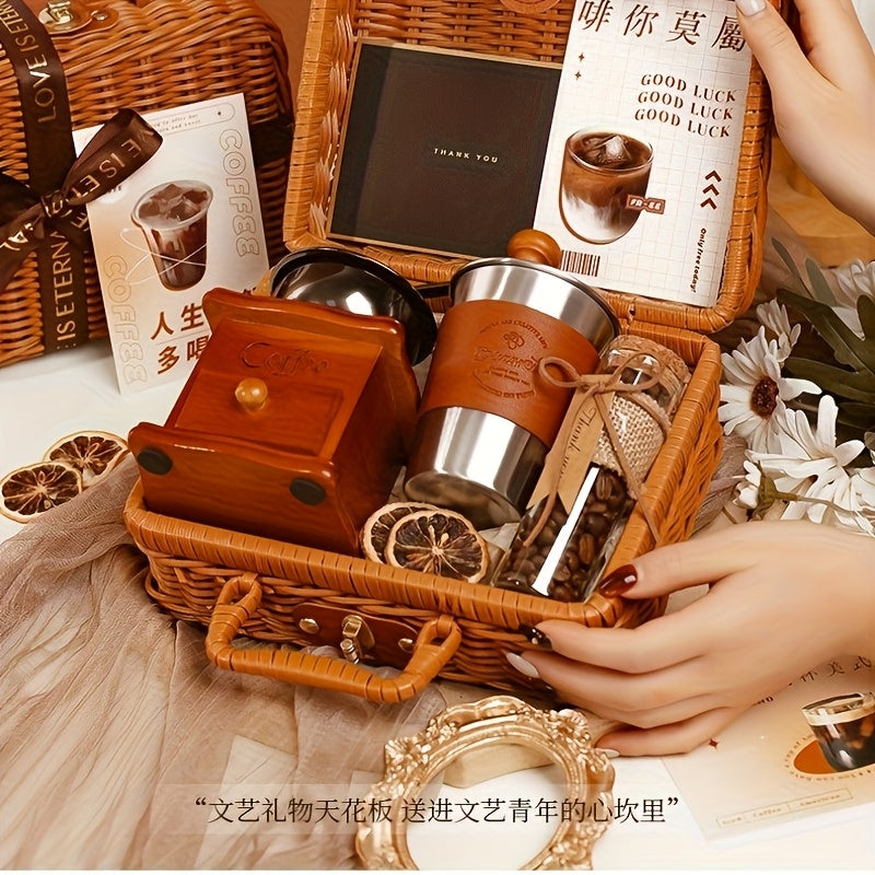 Portable Hand Grinder Coffee Set for Travel Office Outdoor | Manual Coffee Grinder Gift Set with Stainless Steel Burr