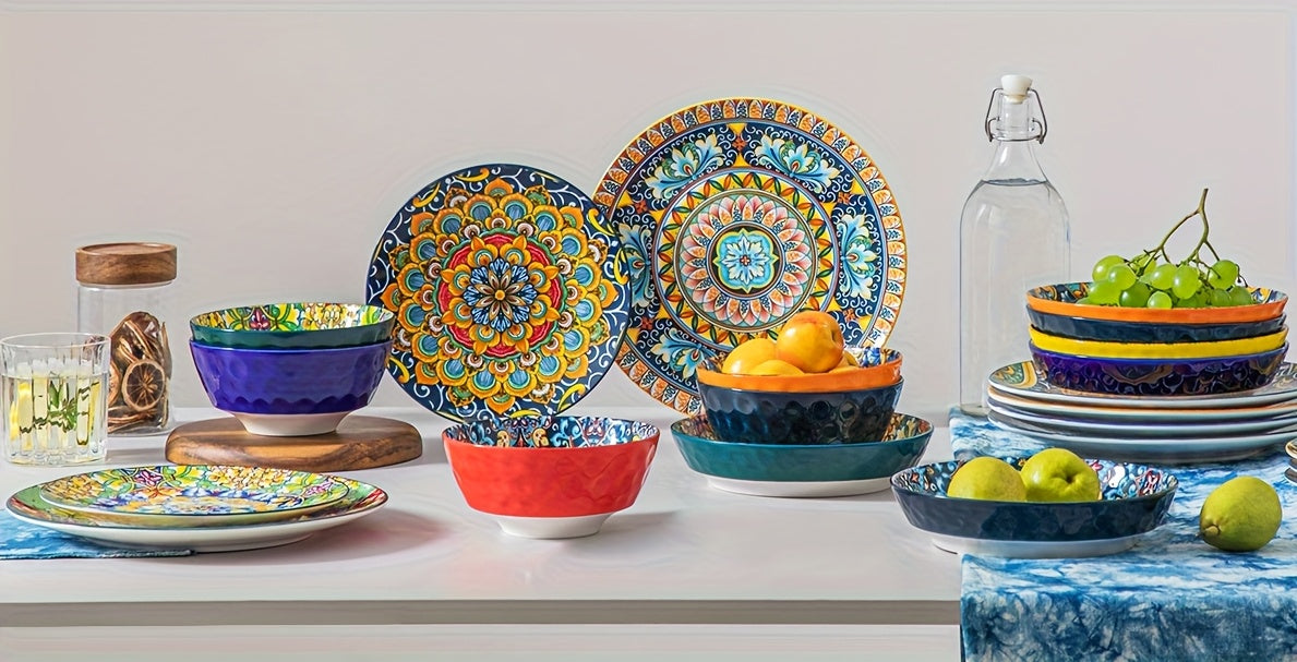 Bohemian Ceramic Salad Plates Set of 6 – 8.5 Inch Colorful Dessert Plate Set, Microwave Oven & Dishwasher Safe, Boho Style Kitchen Dishes