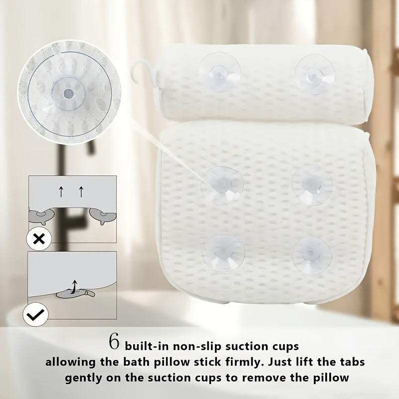 4D Grid Bath Pillow with Neck and Back Support - Bathtub Pillow with 6 Suction Cups, Quick-Drying Machine-Washable Spa Bathtub Cushion, Relaxation Gift for Women and Men