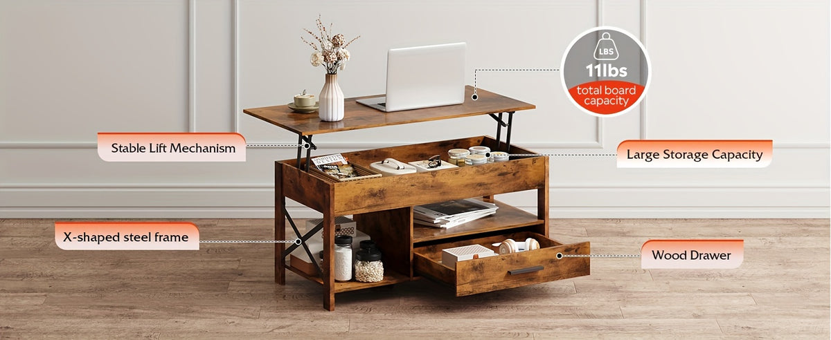 Lift Top Coffee Table with Storage Drawers & Hidden Compartment – Modern Wood Living Room Center Table, Space-Saving Multifunctional Design, 5 Colors