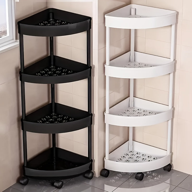 Rotating Corner Shelf for Bathroom – Fan-Shaped 3-Tier 90° Space-Saving Storage Rack with Hollow Drainage | Thickened Plastic Corner Organizer for Kitchen, Bedroom & Living Room | White & Black