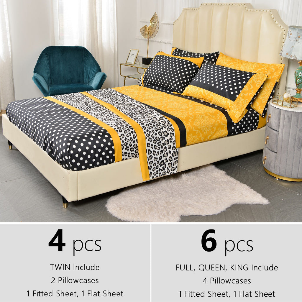 Patchwork Printed Microfiber Bed Sheet Set 4 or 6pcs – 14 Inch Deep Pocket Breathable Wrinkle Resistant, Twin Full Queen King, 3 Bold Colors