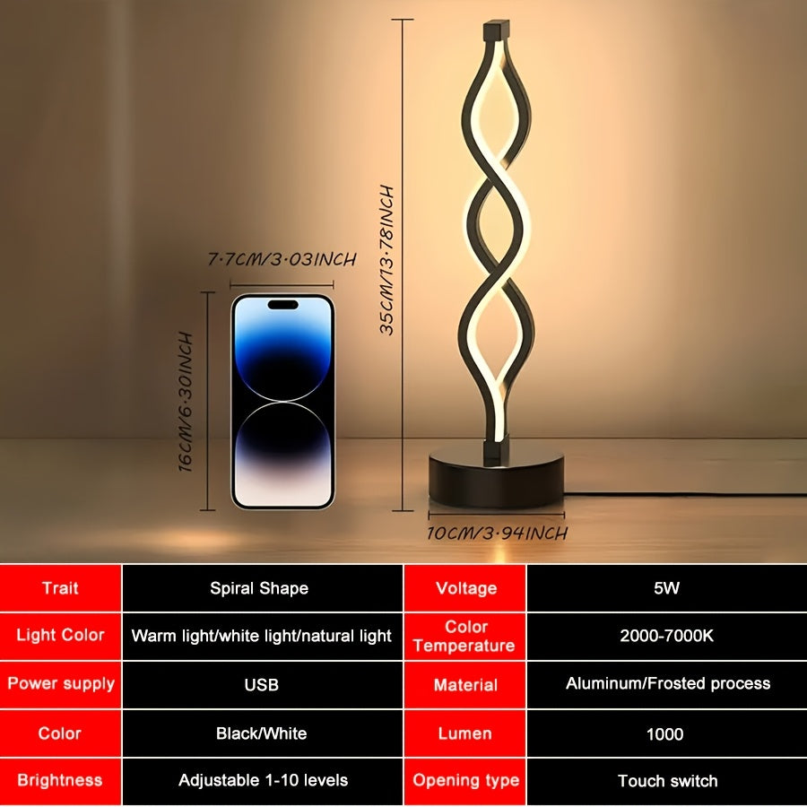 Spiral LED Table Lamp Dimmable 3-Color Modern Minimalist Bedside Lamp - Creative Wave Design Desk Lamp with Metal Base & USB Charging, Small Night Lamp for Bedroom, Living Room, Office & Study
