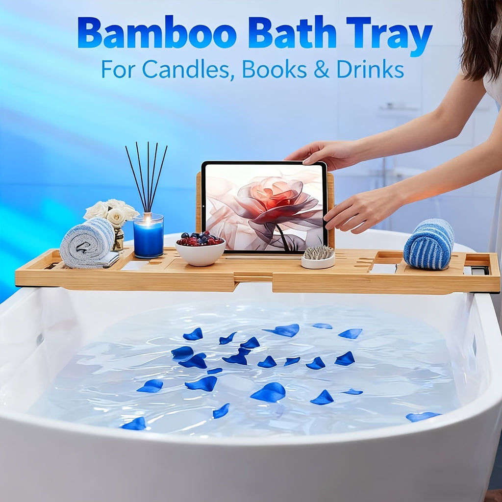 Bamboo Bathtub Caddy Tray Adjustable 27.6–35.4 Inch with Multi-Slot Organizer & Device Holder, Retractable Bath Shelf for Phone, Tablet, Book, Wine & Toiletries — Spa Bath Accessory, Wood Color