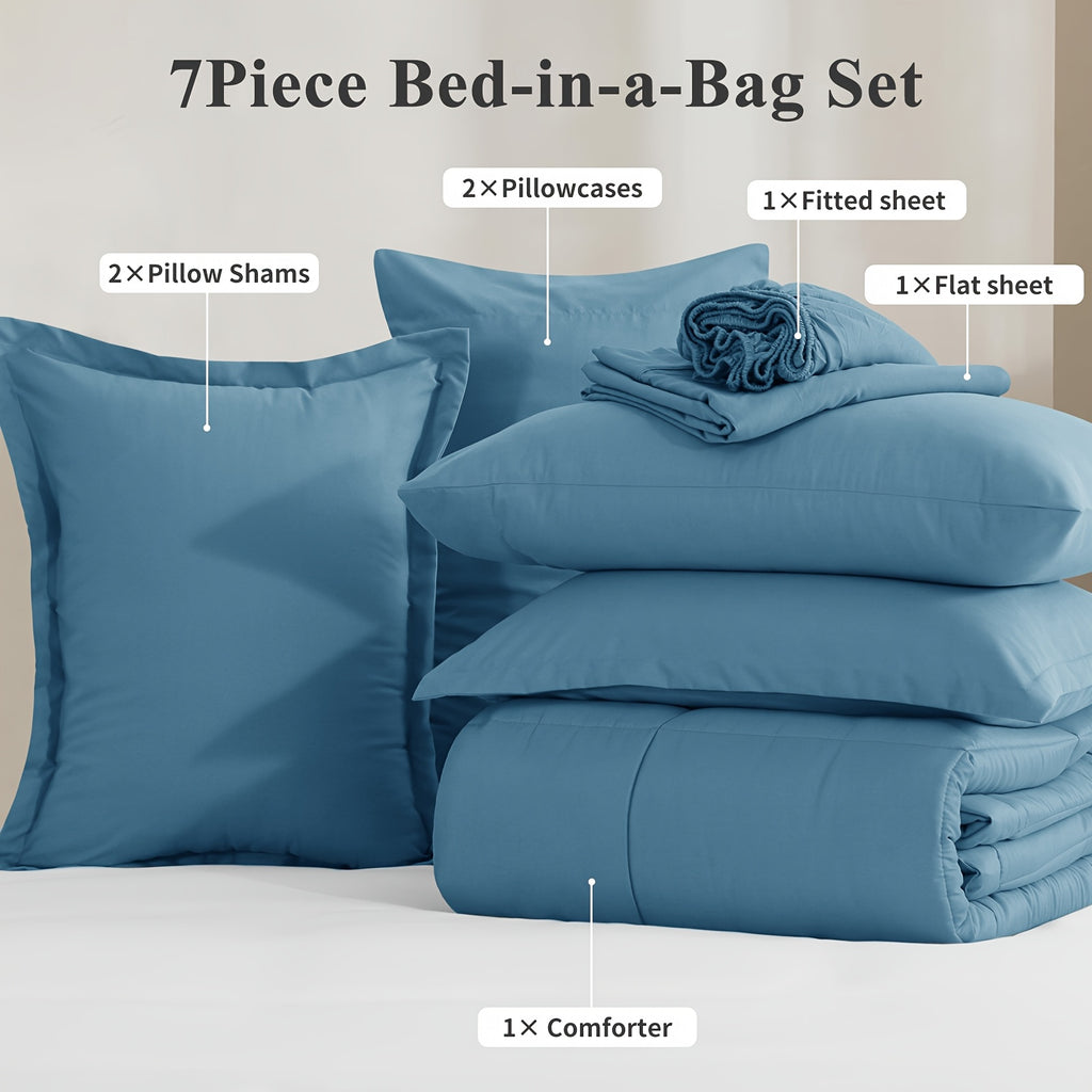 Bed in a Bag Queen 7 Piece Fluffy Comforter Set – Ultra-Soft Microfiber Bedding with Comforter, Fitted Sheet, Flat Sheet & 4 Pillowcases, Hypoallergenic Breathable All Season Bedding Gift for Her